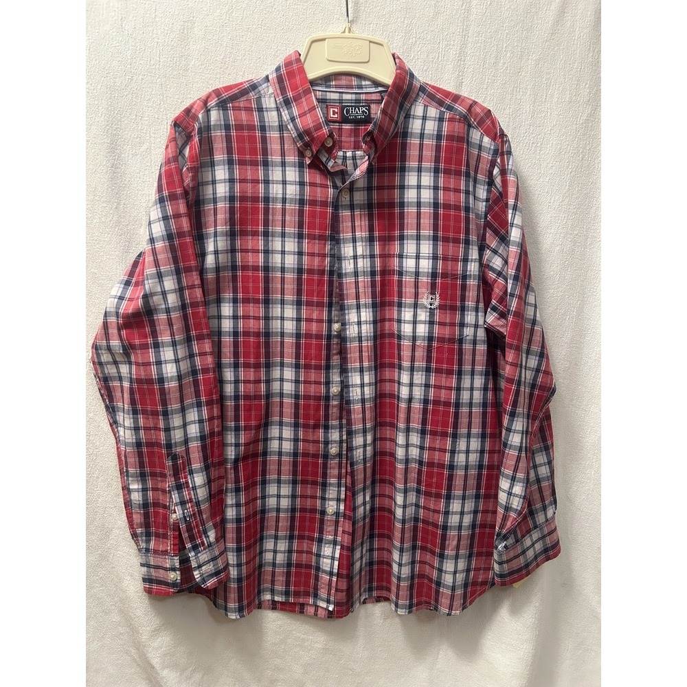 Chaps Ralph Lauren Custom Fit Shirt Mens Size Large Plaid Red Navy Long Sleeve